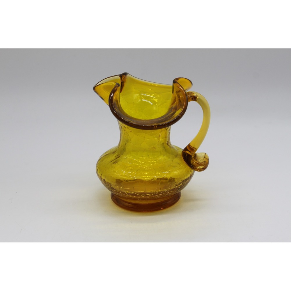Vtg Collectible Amber MCM Crackle Art Glass Hand Blown Mini Pitcher Vase Decor